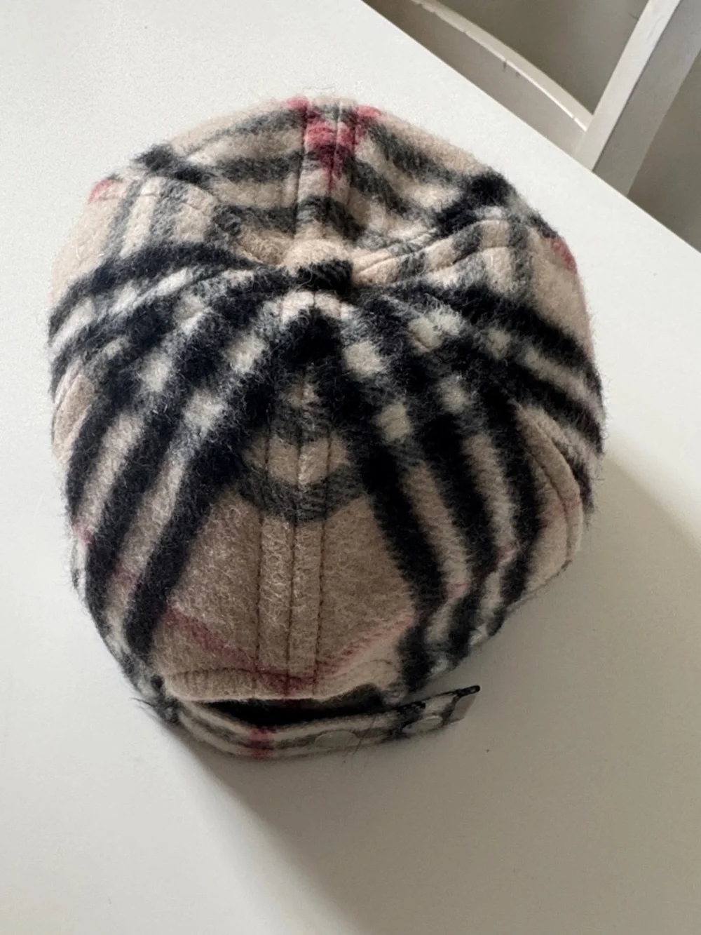 Burberry London 100% Cashmere Beige Plaid Cap with Black and Red Checks